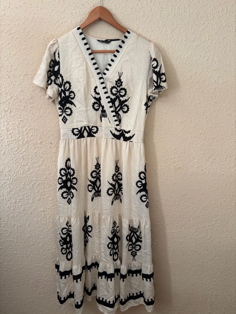 Cream Midi Dress with Black Floral Embroidery and V-Neck